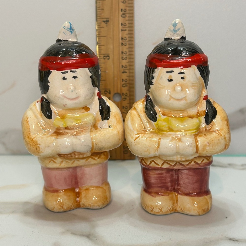 Vintage Native American Boy Girl Ceramic Salt and Pepper Shakers Hand Painted